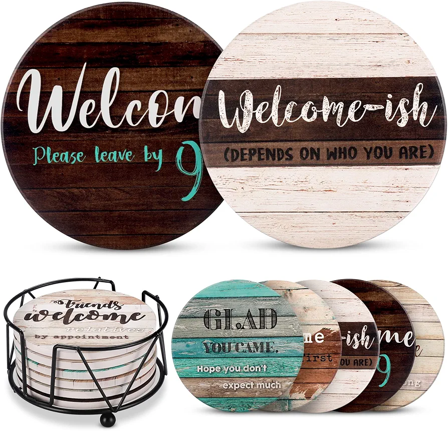Funny Coasters for Coffee Table - 6 Sarcastic Absorbent Stone Cork Drink Coasters, Farmhouse Bar Coasters for Drinks with Holder, Cool Housewarming Gift, New Home - Cup Coster for Wooden Table