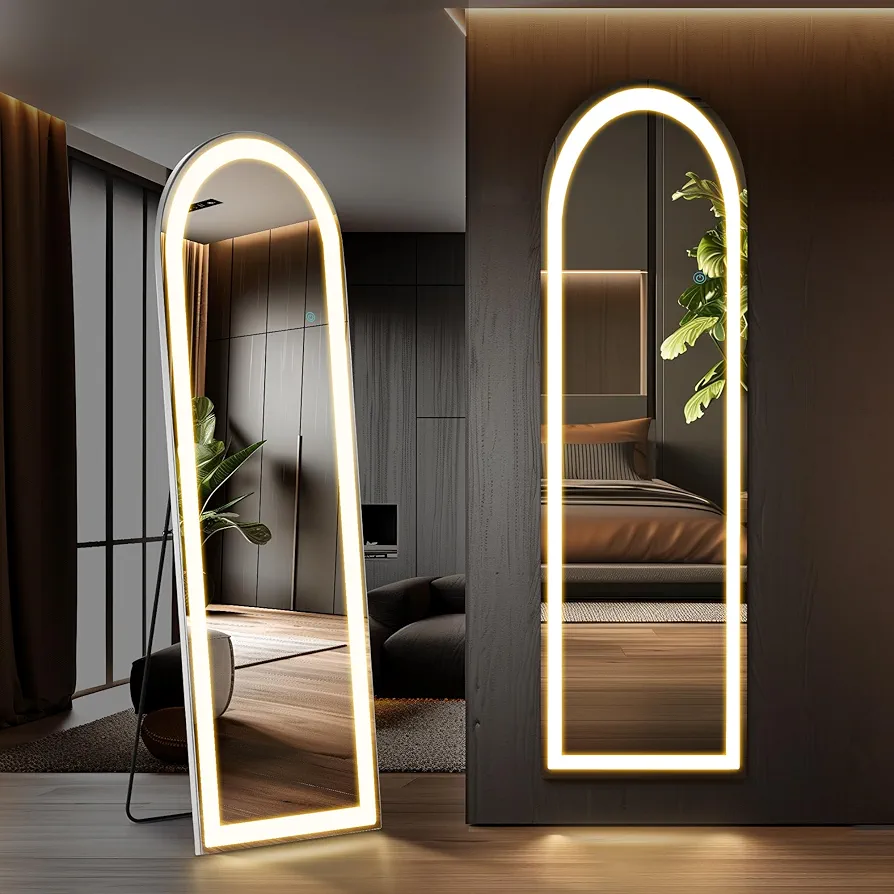 Sweetcrispy Full Length Mirror with LED Lights, 60"x16"Floor Mirror with Dimming & 3 Color Lighting, Led Mirror Full Length with Stand for Bedroom, Dressing Room, Arched