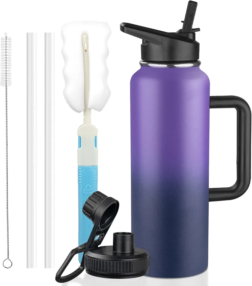40oz Insulated Water Bottle with Handle, Stainless Steel Sports Metal Water Flask with Straw & 2 Leak Proof Lids, Double Walled Vacuum Wide Mouth Water Bottle for Travel,Camping,Gym (Purple Navy blue)