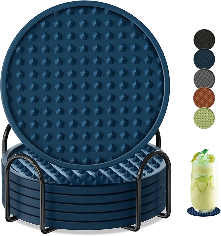 Coasters for Drinks 6 Pack Drink Coasters with Holder,Heat Resistant Silicone Coasters Tabletop Protection,Non-Slip Rubber Coasters for Kinds of Cups (Blue)