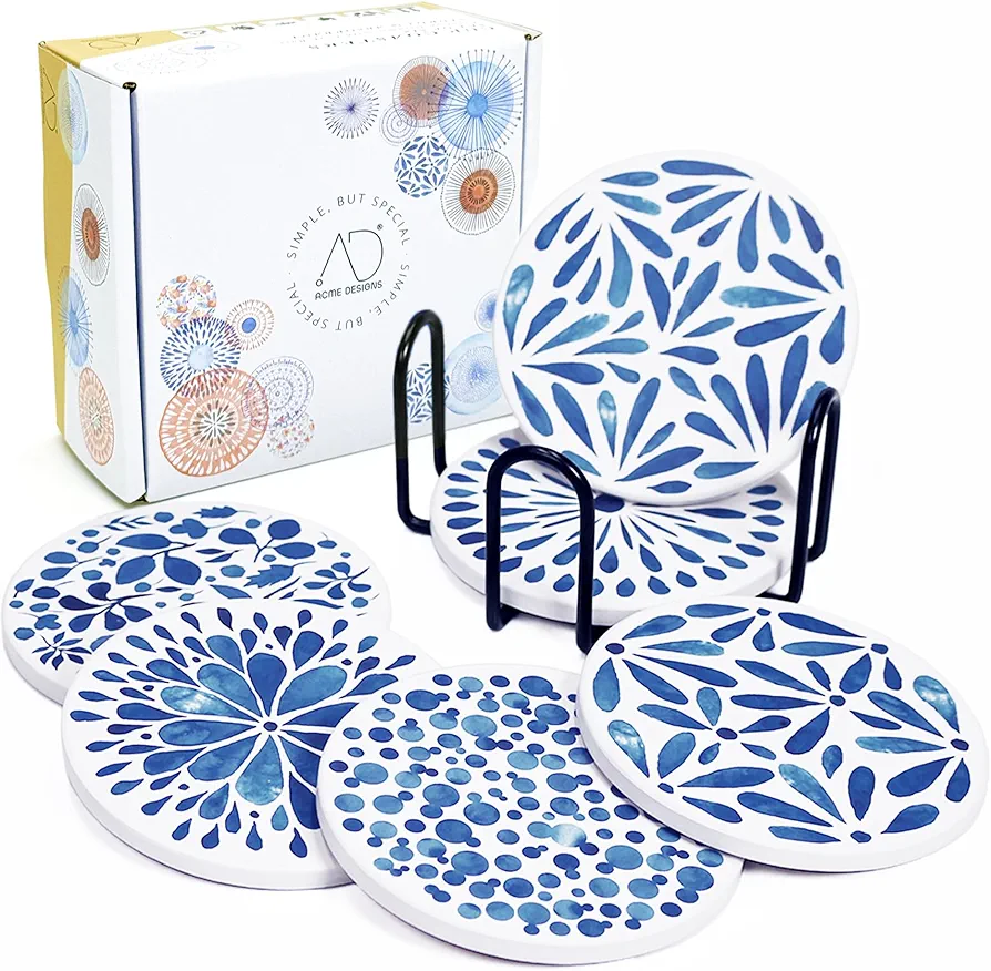 AD Set of 6 Coasters for Drinks Absorbing Round Ceramic Stone Coaster with Cork Base,Tabletop Protection Mat for Mugs and Cups,Office,Kitchen (Indigo Blue with Holder)