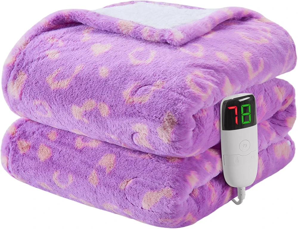 Heated Blanket Electric Throw, 50x60 Faux Fur Heating Blanket with 10 Heating Levels, Soft Cozy Sherpa Blanket Warmer, Plush Fluffy Warming Gift for Couch, Washable, Leopard Blanket, ETL & FCC, Purple