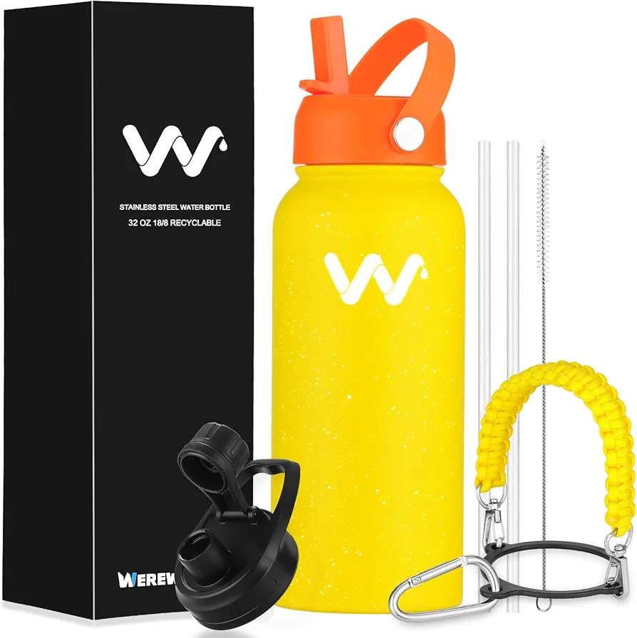 WEREWOLVES Personalized Insulated Water Bottle with Paracord Handle Straw Lid & Spout Lid, Vacuum Stainless Steel Wide Mouth Water Bottle for Adults 24 oz, 32 oz, 40 oz