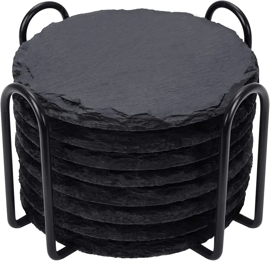 Slate Drink Coasters with Metal Holder, GOH DODD Set of 8 Black Coasters, 4 Inch Stone Coaster Set Coffee Table Decor Tabletop Protection for Home Office Kitchen Apartment Bar Christmas, Round