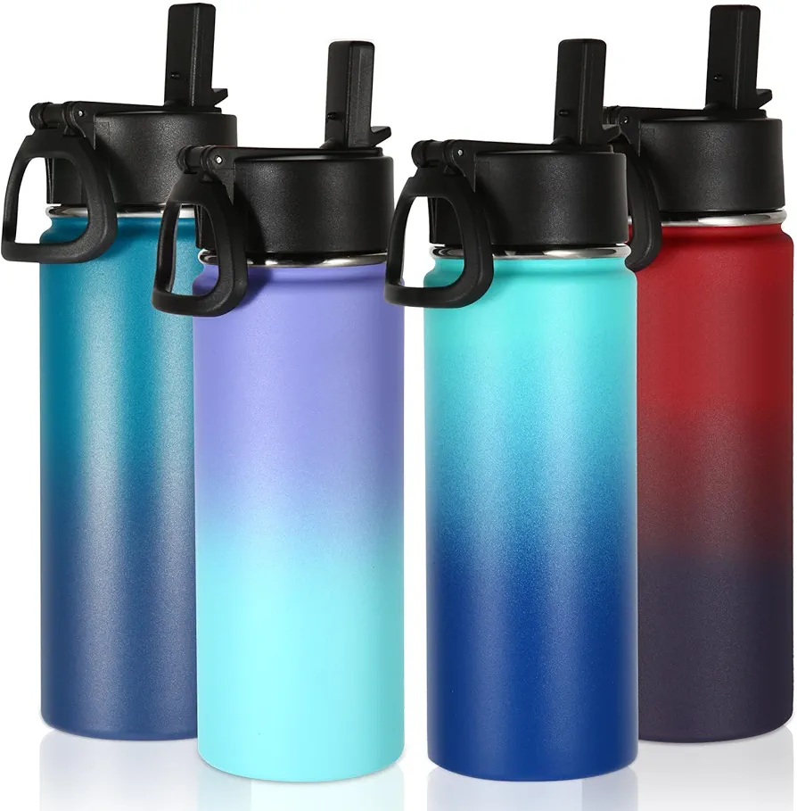 Volhoply 18oz Multic Gradient Color Stainless Steel Insulated Water Bottle with Straw Lid and Handle,Double Wall Vacuum Wide Mouth Thermos,Reusable Metal Travel Flask Keep Cold and Hot(Mix,4 Pack)