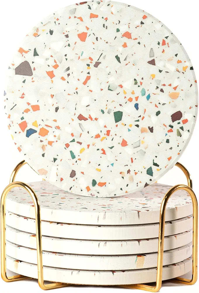 Terrazzo Marble Absorbent Coasters with Holder Set of 6, Coasters for Drinks, Coasters Coffee Table, Coaster Set, Marble Coasters, Drink Coasters, Stone Coasters for Drinks Absorbent
