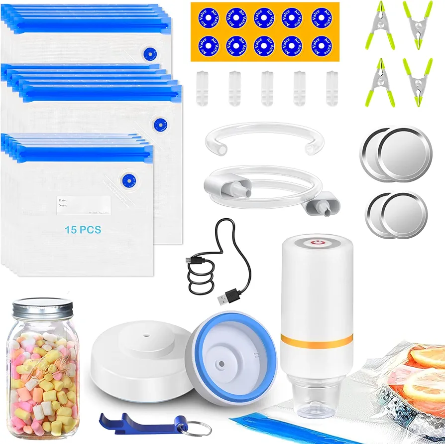 46 PCS Electric Vacuum Sealer, Sous Vide Bags, Handheld Mason Jar Vacuum Sealer & 15 PCS Reusable Vacuum Food Storage Bags for Anova, Joule Cookers, 4 Cooking Clips, 5 Sealing Clips