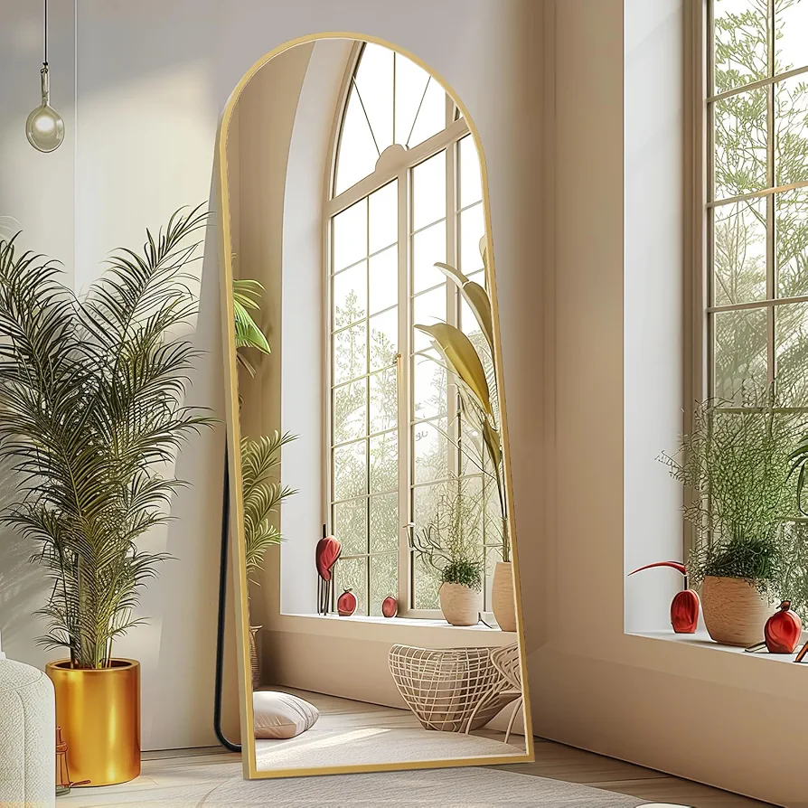 Sweetcrispy Arched Full Length Mirror 64"x21" Full Body Mirror Floor Mirror Standing Hanging or Leaning Wall, Large Arch Wall Mirror with Stand Aluminum Alloy Thin Frame for Bedroom Cloakroom,Gold