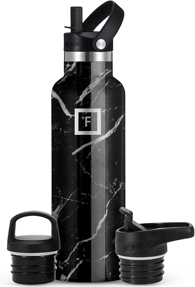 IRON °FLASK Camping & Hiking Hydration Canteens - 3 Lids (Narrow Straw Lid) Leak Proof Vacuum Insulated Stainless Steel - Hot & Cold Double Walled Sports Water Bottle - Black Marquina, 20 Oz