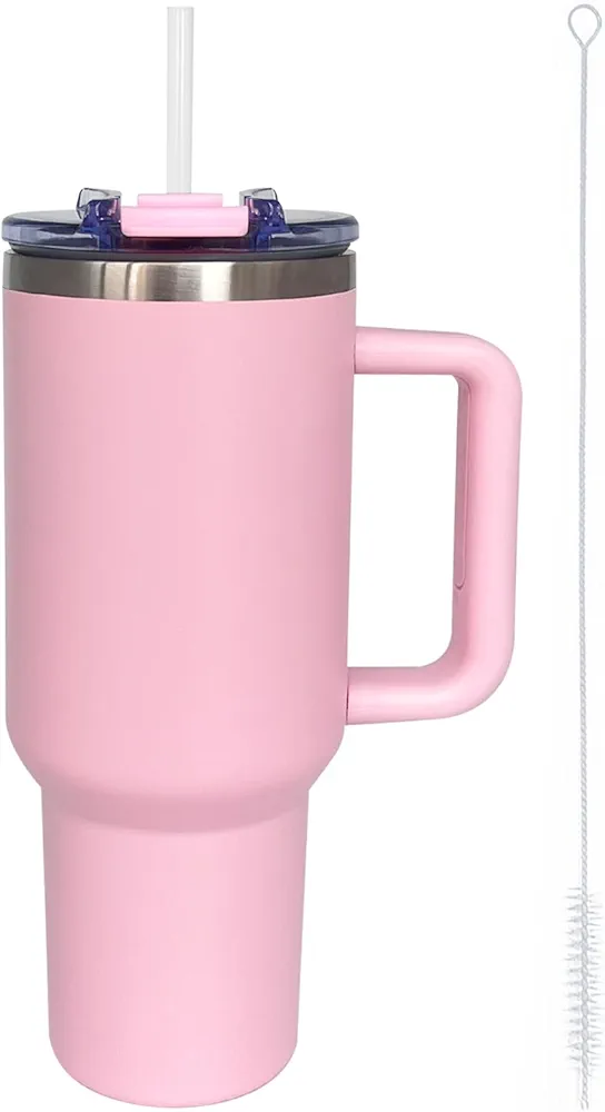 40 oz Tumbler with Handle and Straw Lid,Insulated Reusable Stainless Steel Water Bottle Travel Mug，Cupholder Friendly Double Wall Vacuum Sealed Cup (Pink)
