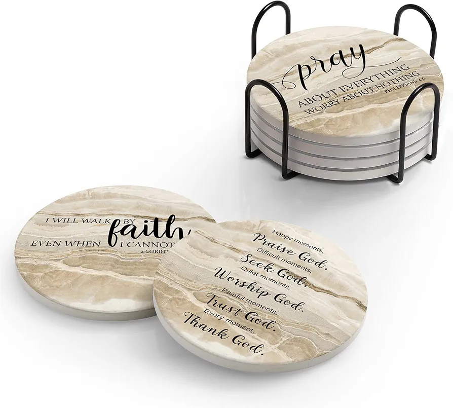 Coasters for Drinks with Bible Verses, Set of 6 Absorbent Drinks Coasters with Holder Ceramic Drink Coaster with Cork Backing for Table Protection, Christian Coasters, Christian Gifts