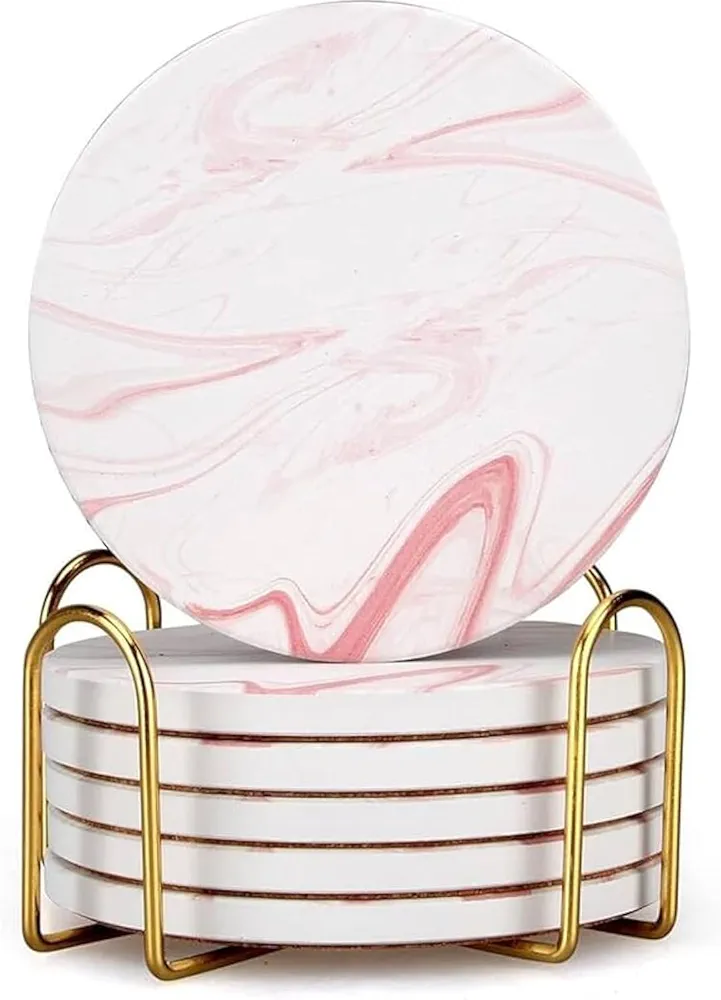 6 Pcs Cute Pink Marble Coasters Set for Drink Beverages Absorbent Ceramic Cup Coasters with Holder Decorative Tea Bar Coaster Gift Modern Aesthetic Coasters Kitchen House Home Decor Table Coasters