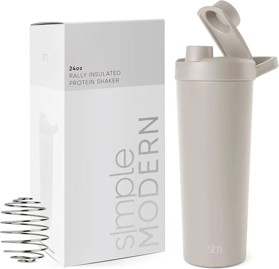 Simple Modern Stainless Steel Shaker Bottle with Ball 24oz | Metal Insulated Cup for Protein Mixes, Shakes and Pre Workout | Rally Collection | Almond Birch