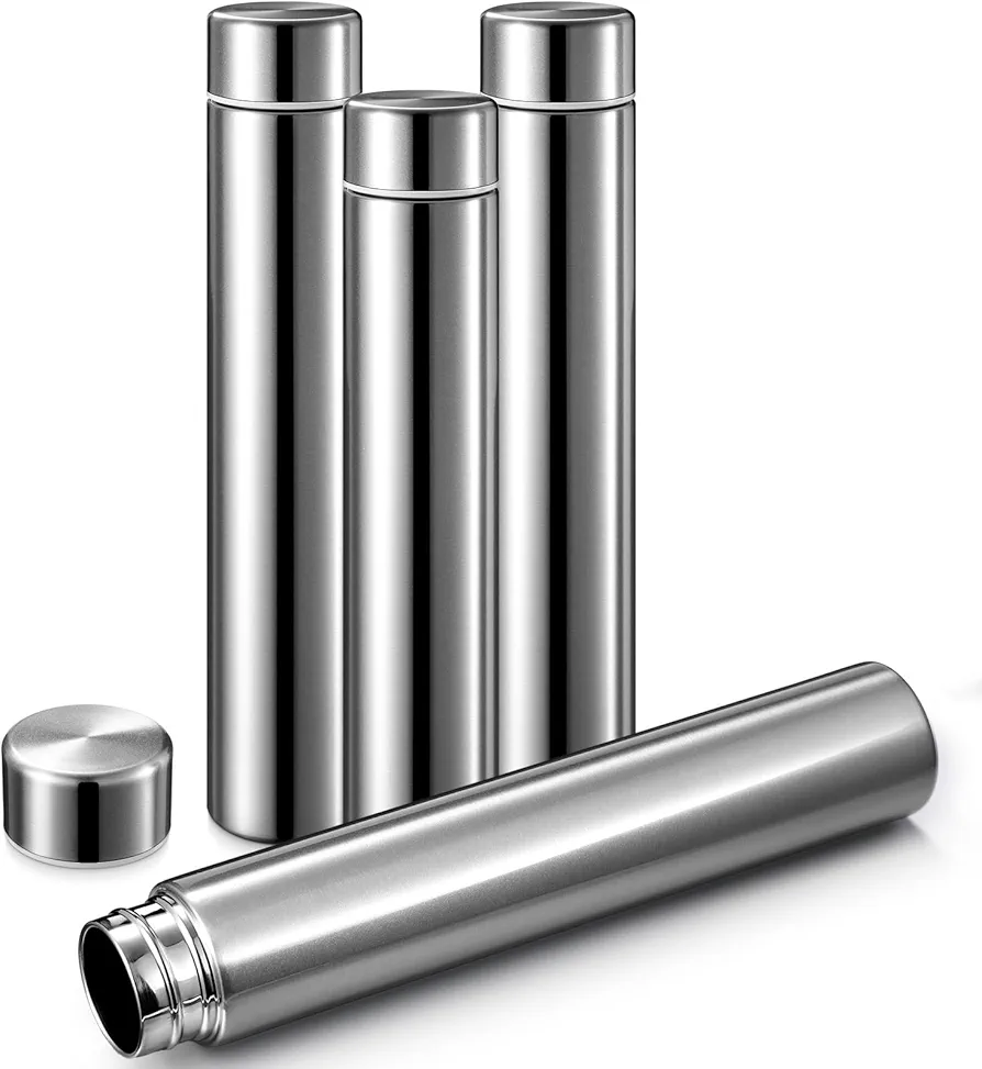 Vesici Slim Water Bottle 8.8 oz Small Stainless Steel Purse Compact Water Bottle Camping Travel Insulated Water Bottles Backpack Pocket Water Flask for Car Cold Coffee Tea(Silver,4 Pack)