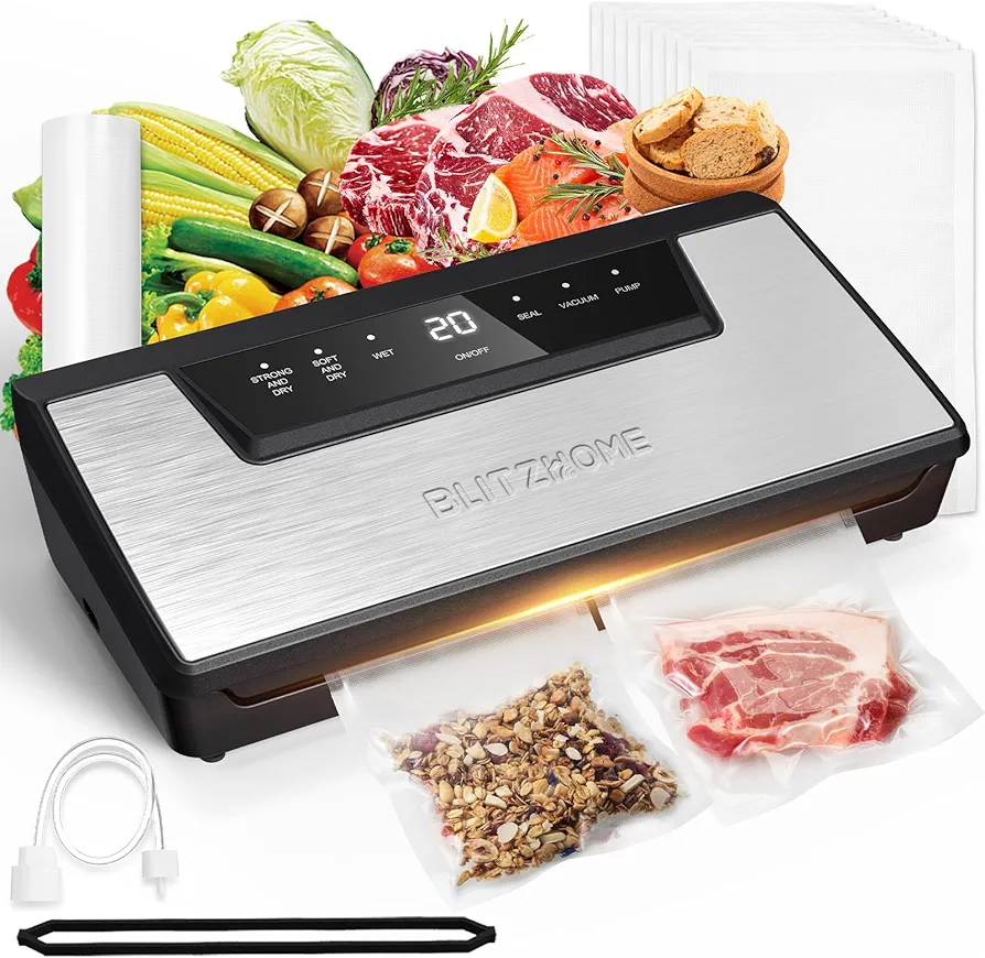 BLITZHOME Vacuum Sealer Machine, 6 Easy Modes for Dry/Moist Food Storage/Sous Vide, Built-in Cutter/Storage, Visual Seal-Time, Automatic Food Sealer with 15Pcs Bags,1 Roll, Full Starter Kit…