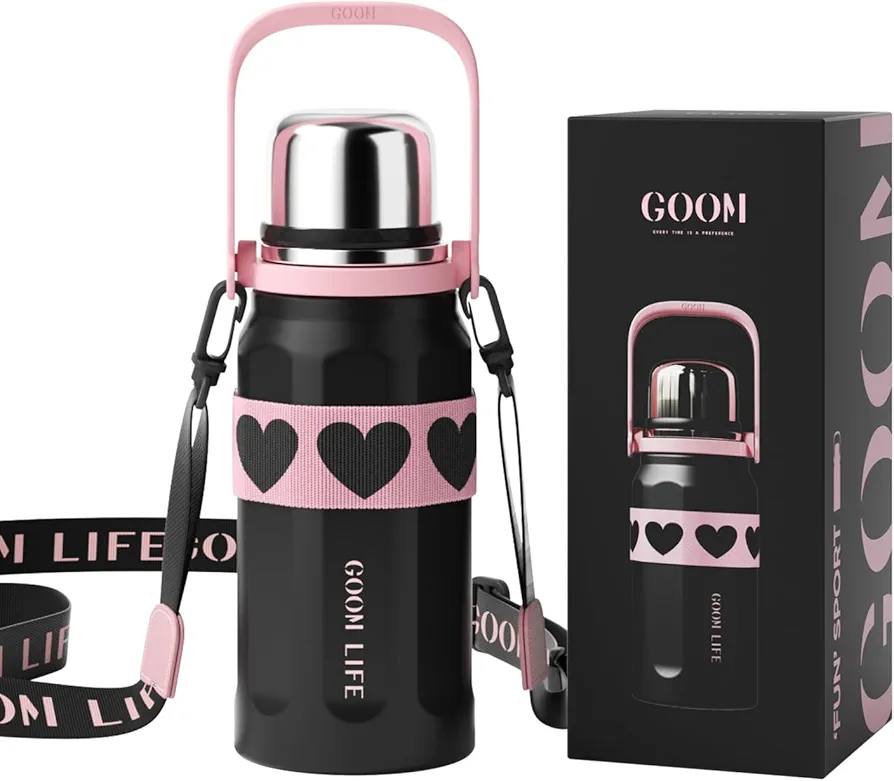 GOOM The Grip 32 oz Water Bottles for Hot and Cold Drinks,18/10 Stainless Steel Insulated Water Bottle with Lid, Carrying Strap,Strainer,7-Layer Insulation,Wide Mouth - Black, Pink