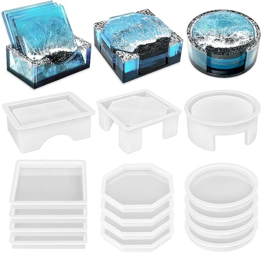 RESINWORLD Set of 3 Thick Square Octagon Round Coaster Molds with Matching Holder Mold, Shiny Coaster Silicone Molds for Resin Casting