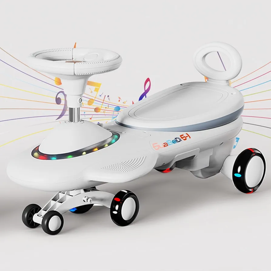 Twisted Car, Electric Twisted Car (with Pedals), Twisted Car Ride on Car, Swing Car, with Lights, Flash Wheels, Music, Suitable for Indoor and Outdoor Riding/White
