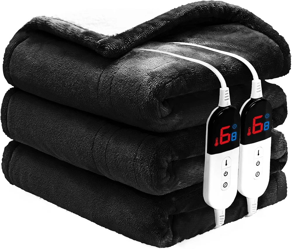 Heated Blanket Queen 84"×90" - Premium Cosy Soft Electric Blanket with 6 Heating Levels,Dual Control Fast Heating Flannel Sherpa Blanket for Bed & Couch,Auto Shut Off/Machine Washable (Black)