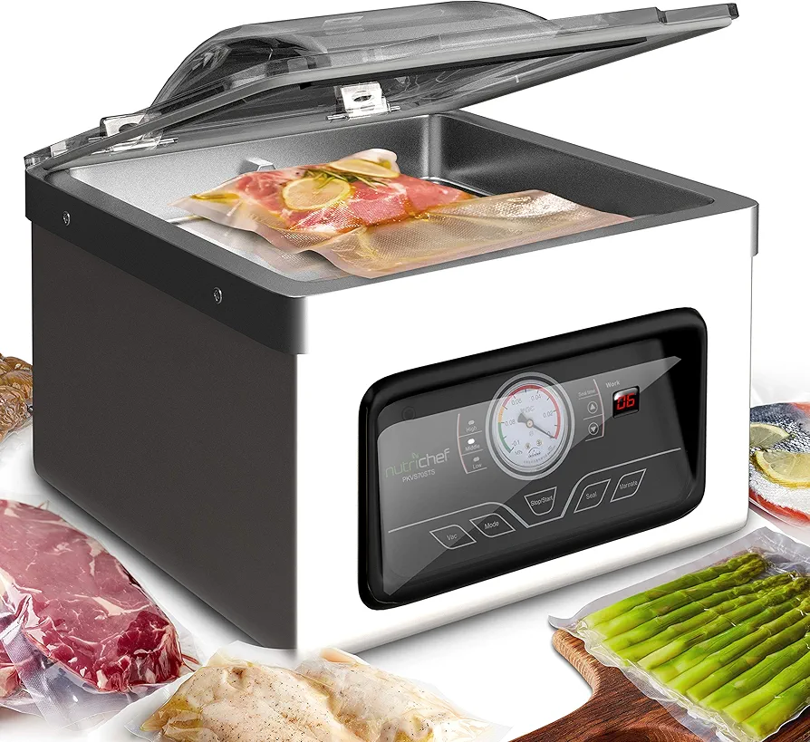 NutriChef 350W Vacuum Sealer Machine - 8L Chamber Commercial Food Sealer, Automatic Meat Packing and Sous Vide System with Digital Control, Includes Vacuum Roll Bags