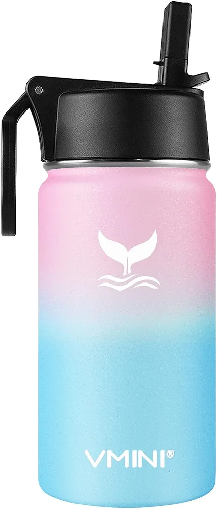 Vmini Water Bottle with Straw, Kids Water Bottle with Wide Rotating Handle Straw Lid, Wide Mouth Vacuum Insulated Stainless Steel Water Bottle, Gradient Pink + Blue, 12 oz