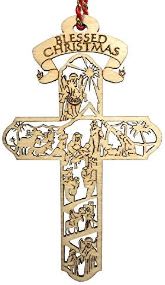 Nativity Cross Christmas Ornament Gift, Real Wooden Decor for Tree, Office, Car. Unique Wood Holy Family Scene Gifts, 4.5X 2.625, Made in USA, Keepsake Tells The Whole Christmas Story