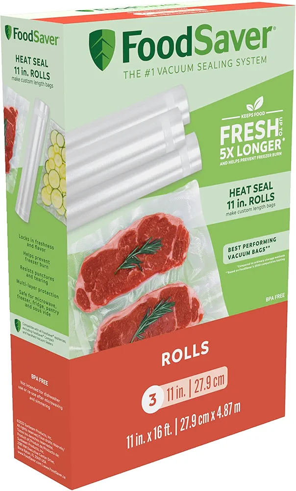 FoodSaver 11" x 16' Vacuum Seal Roll with BPA-Free Multilayer Construction for Food Preservation, 11" Roll 3 Pack
