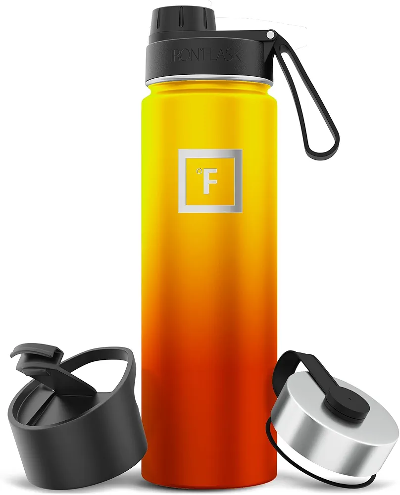 IRON °FLASK Camping & Hiking Hydration Flask with 3 Lids - Stainless Steel, Double Walled & Vacuum Insulated Water Bottle - Leak Proof & BPA Free (Fire, Spout - 22 oz)