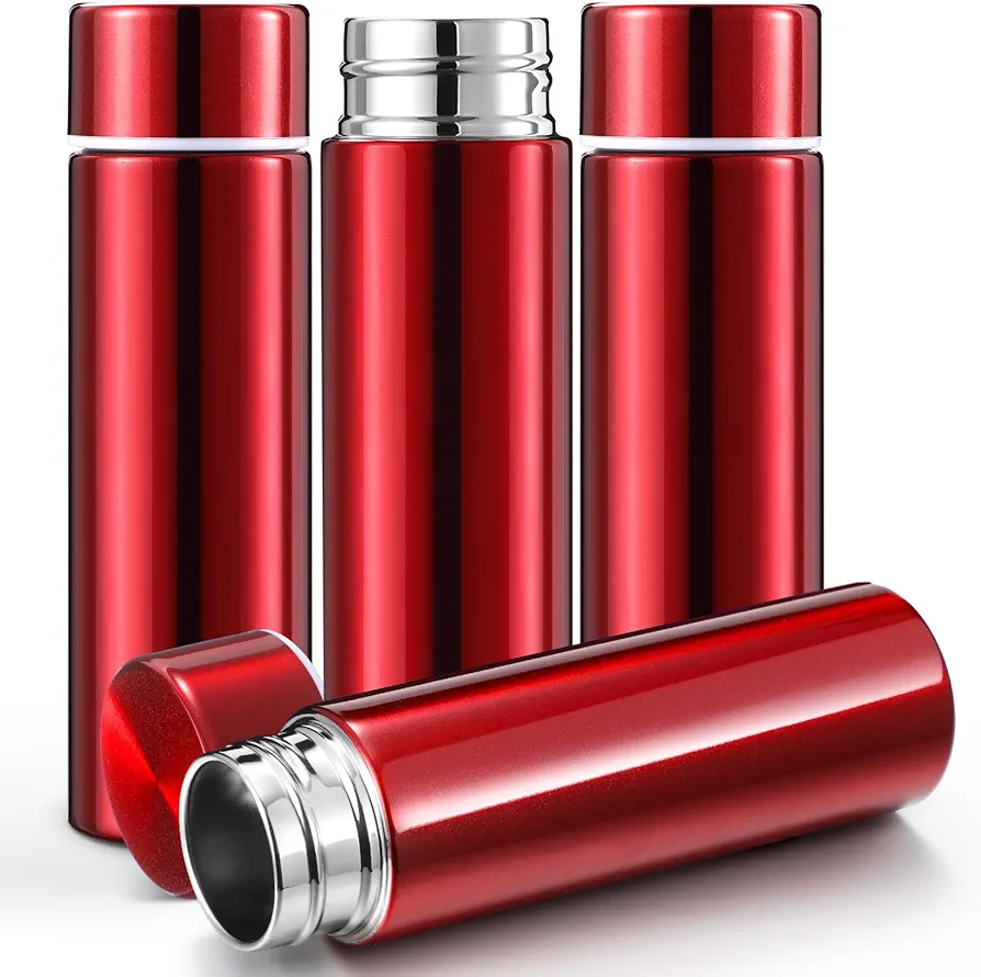 Vesici Mini Water Bottles 4.4 oz Cute Small Insulated Stainless Steel Purse Water Bottles Pocket Slim Flask Water Flask Keeps Drink Cold and Hot for Women Lunch Bag Coffee(Red,4 Pack)