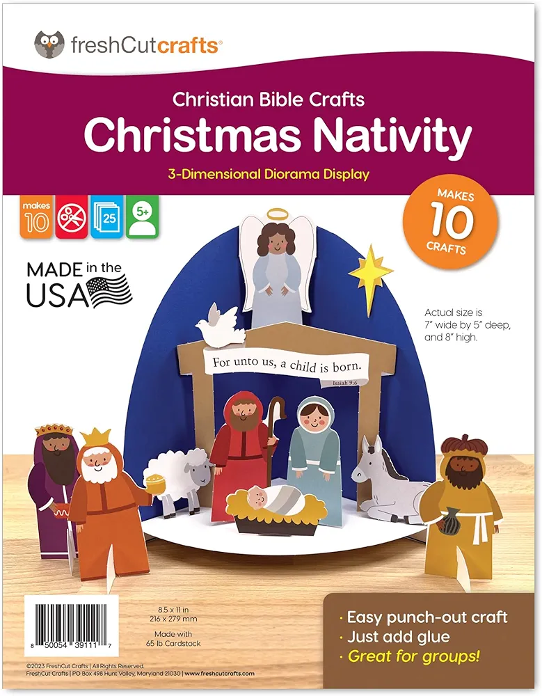 FreshCut Crafts Children’s 3-D Punch-Out Christmas Nativity Bible Craft Kit – Makes 10 Tabletop Display Creations for Sunday School, Homeschool & Church Activities – US-Made Quality Card Stock