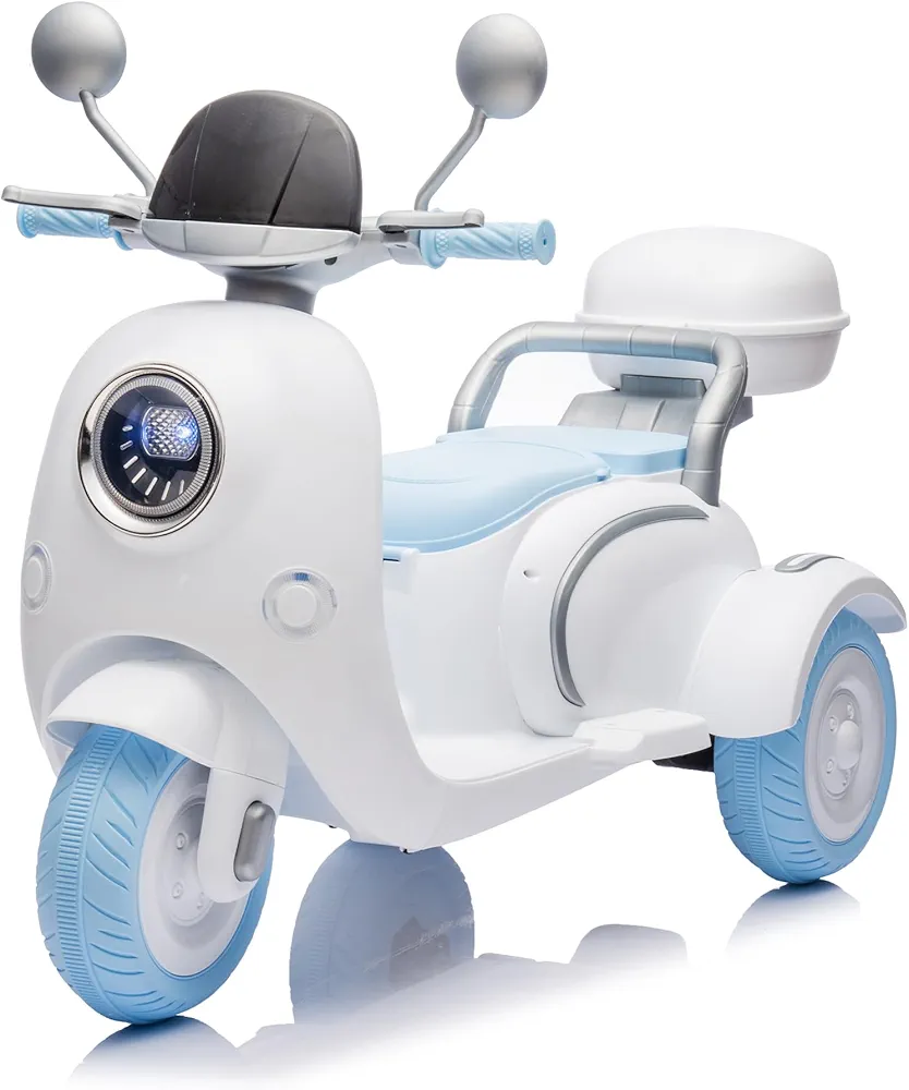 12V Two-Seater Kids Ride On Electric Motorcycle,Three Wheels Kids Toy with Slow Start,Multi-Function Player,USB,Bluetooth, Light,Backseat flip Adult seat, Oversized Storage Box for Kids Aged 3-6.