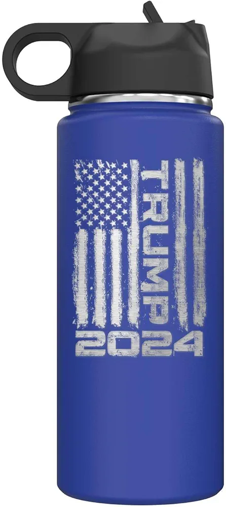 Trump American Flag 2024 Insulated Stainless Steel Water Bottle with Flip Top Lid & Straw Donald Trump Tumbler 18 oz. (R. Blue)