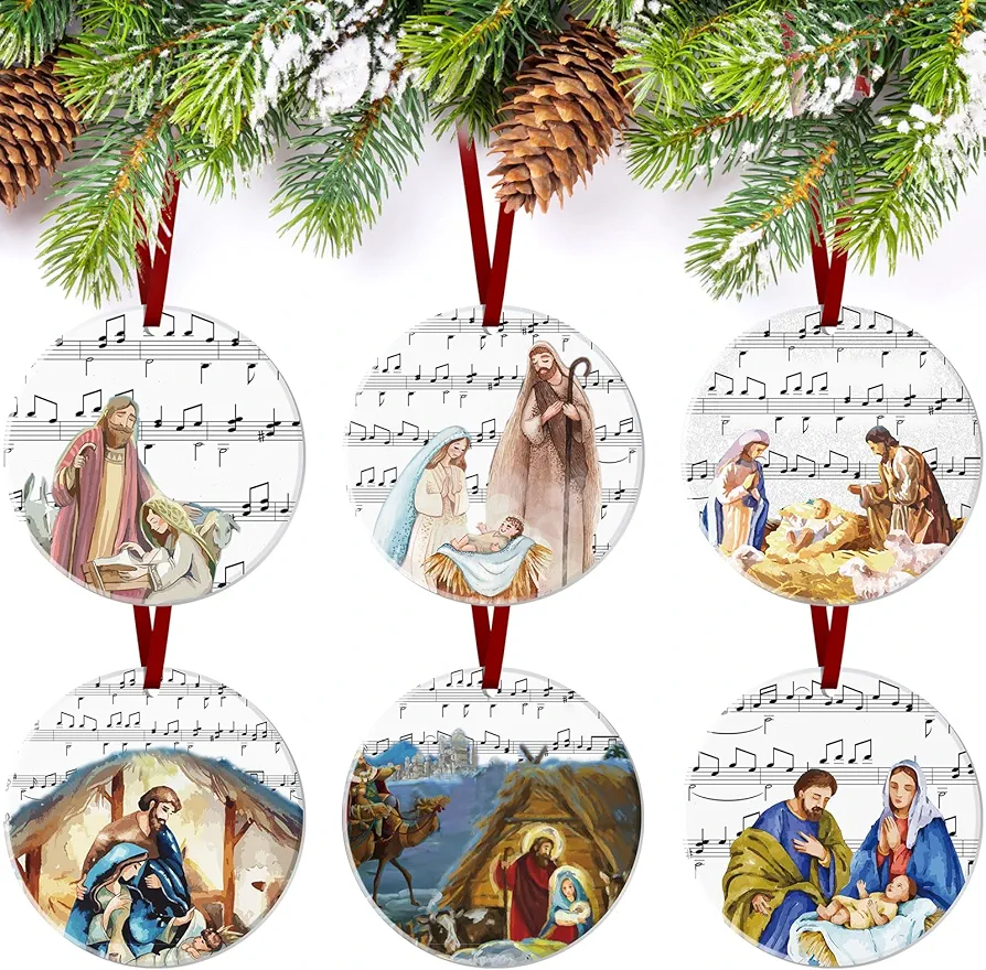Karenhi 6 Pcs Nativity Music Sheet Ornament Christmas Nativity Ornaments for Tree Decor Jesus Christ Ornaments Bulk Ceramic Religious Gifts for Xmas Nativity Tree Hanging Decorations Christmas Home
