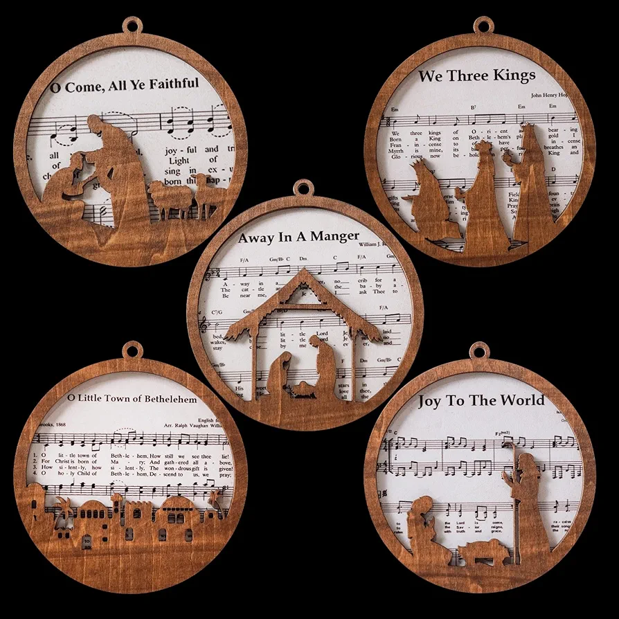 Pack of 5 Music Sheet Nativity Ornaments Wooden Catholic Scene Ornament Christian Keepsake for Xmas Blessing Birth of Jesus Perfect Xmas Tree Religious Gift for Family Pastor CB-11-A11