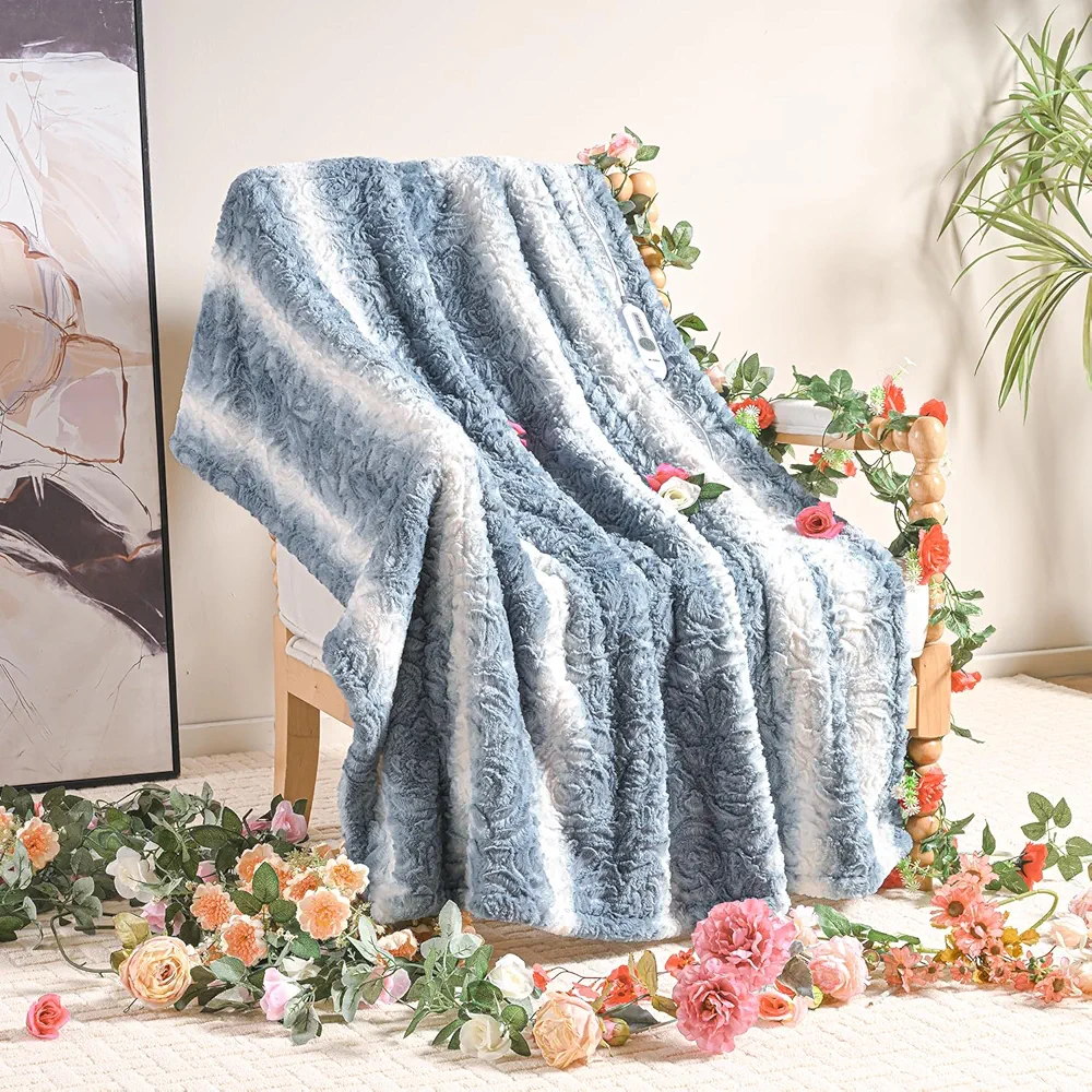 WOOMER [5 Year Warranty Electric Heated Throw Blanket (50"x 60"), Eco-Friendly Faux Fur&Soft Sherpa,Fast Heating Blanket with Floral Pattern, 4 Heating Levels & 4H Auto Off, ETL Certified, Home Decor