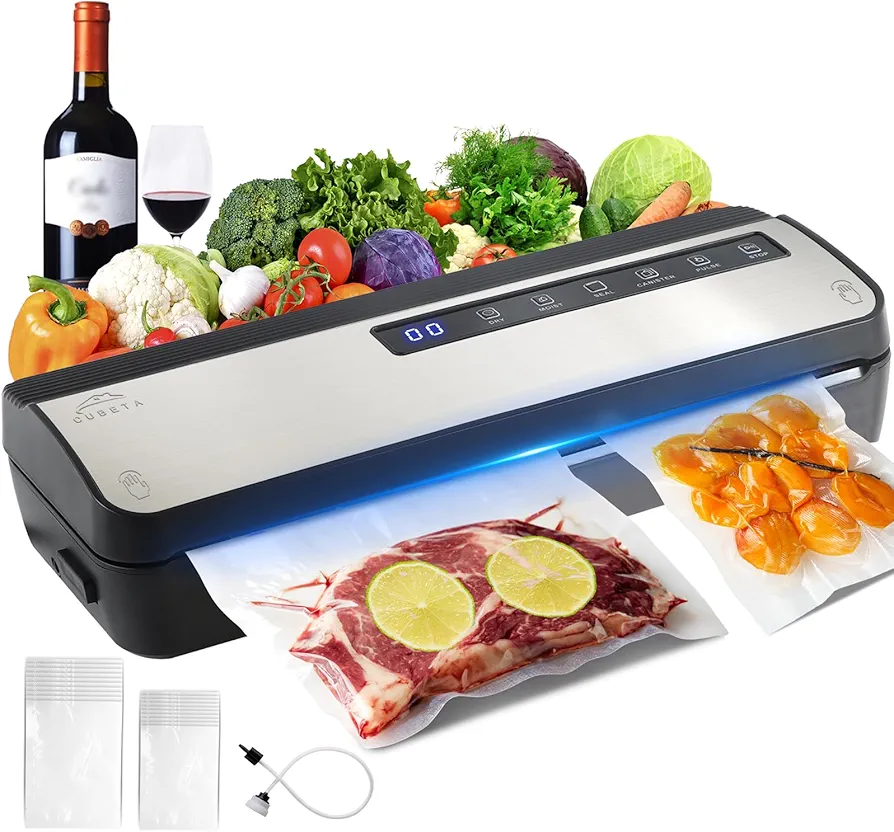 Vacuum Sealer Machine for Food, 80KPA Powerful 8-in-1 Automatic Vacuum Food Sealer with Dry & Moist Modes, Bag Storage, Cutter, Digital Countdown, 20 Pre-Cut Bags & External Air Suction Hose