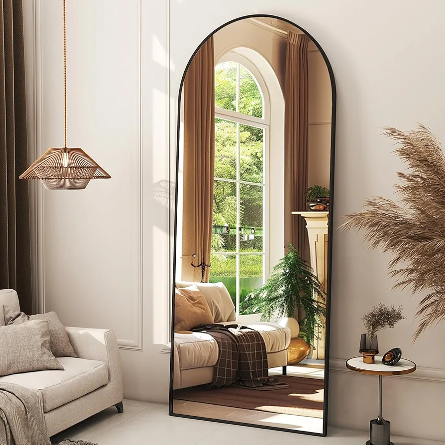 Arched Full Length Mirror Floor Mirrors with Aluminum Alloy Frame Free-Standing Wall Mounted Floor Mirrors or Large Dressing Mirror, Black Mirror Full Length