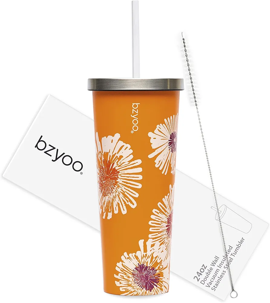 bzyoo SUP Double Wall Vacuum Insulated Tumbler with Straw and Lid Stainless Steel Water Bottle Travel Mug Cup, Mother's Day Gifts For Him & Her (710ml) Color: Orange Precious Bloom