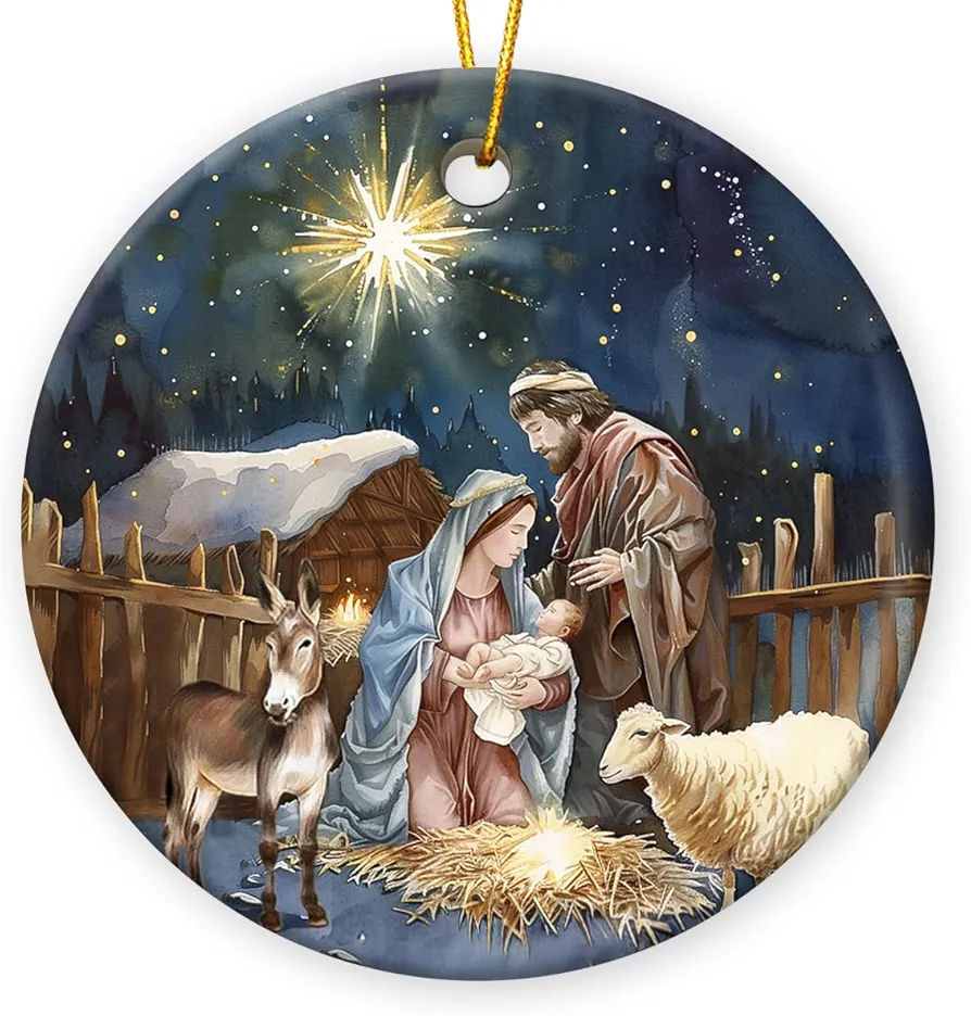 Nativity Scene Ornament, Religious Christmas Ornament 2024, Christian Gifts for Men and Women, Nativity Ornaments for Christmas Tree, Double Side Ceramic Christmas Ornaments Gifts