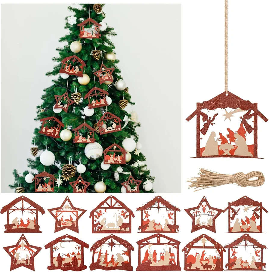 Soaoo 24 Pieces Nativity Cross Ornaments Christmas Scene Wooden Hanging Ornament 3D Christian Religion Ornaments The Birth of Jesus Decoration for Family Religious Xmas Decoration(Cowshed Style)