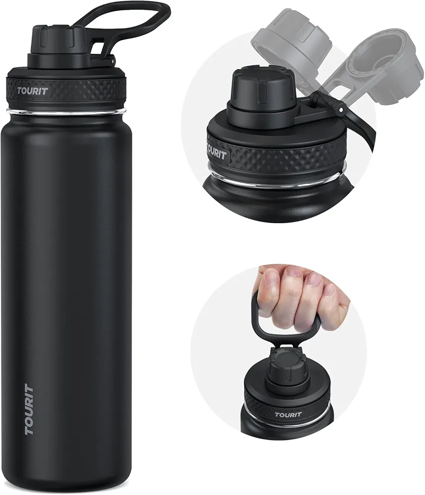 TOURIT 24 oz Insulated Water Bottle, Stainless Steel Water Bottles With Handle, Double-Wall Vacuum Sports Water Bottle, BPA Free Leakproof Thermos Bottle, Black