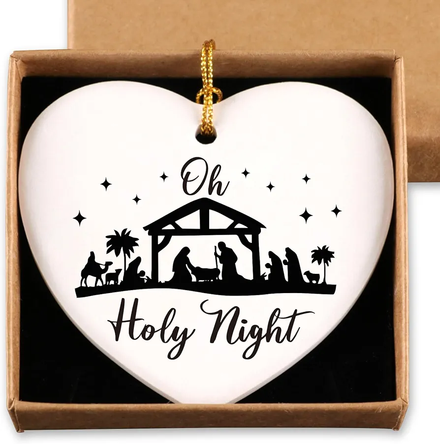 Oh Holy Night Christmas Ornaments Religious Christmas Ornaments Jesus Nativity Christian Christmas Tree Decorations Gifts for Women Men Birth of Jesus Ceramic Ornaments