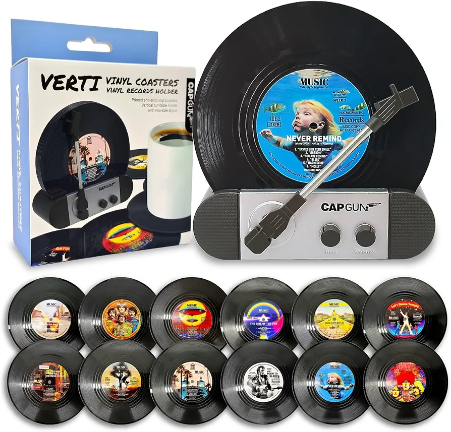Funny Retro Vinyl Record Coasters, Creative Drink Coasters Set of 12 with Vinyl Record Player Holder for Music Lovers, Housewarming Hostess Gifts, Birthday and White Elephant Gifts Ideas