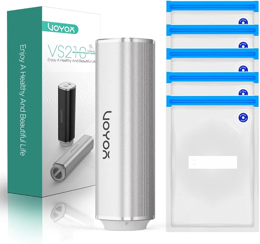 Handheld Vacuum Sealer Portable & Cordless Vacuum Sealer Kit with Vacuum Bags Automatic Vacuum Pump for Food Preservation Type-C Charging and Long Lasting Food Vacuum Sealer (1 Silver Pump+5 Bags)