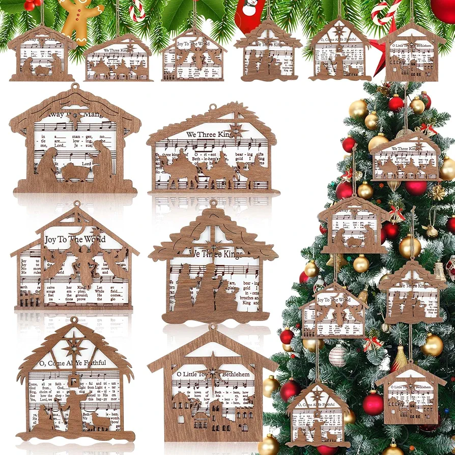 Shellwei 24 Pcs Christmas Nativity Story Wooden Ornaments Set Bulk Christian Music Sheet Nativity Ornament Nativity Scene Hanging Ornaments Xmas Tree Ornaments Religious Gift for Family(Vintage)