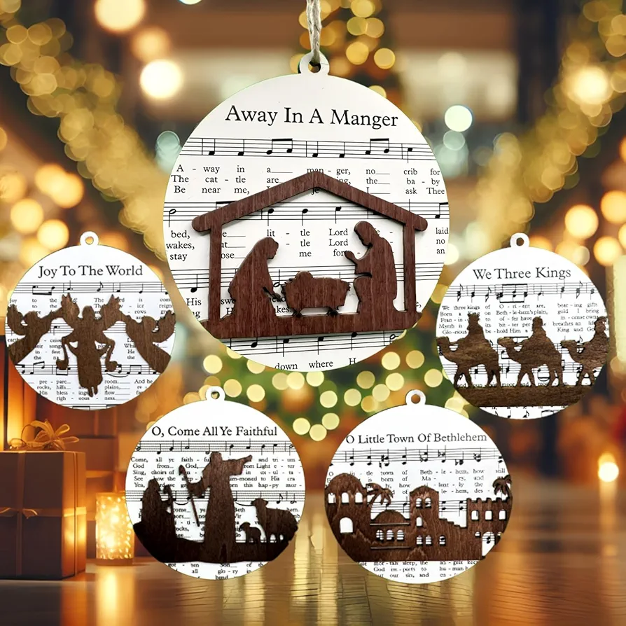 Nativity Christmas Ornaments - 5 Wooden Music Sheet Nativity Ornaments - Nativity Scene - Religious Christmas Decorations - Christian Gifts for Women - Christian Ornaments 2024
