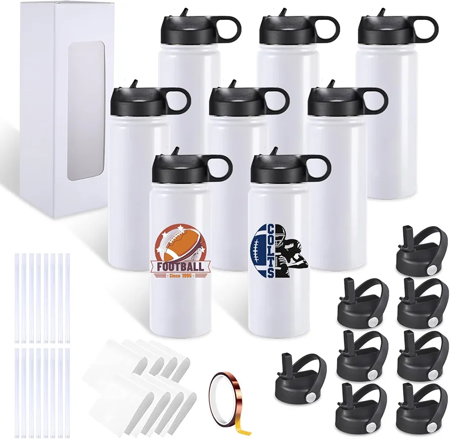 8 Pack 20 oz Sublimation Water Bottles Bulk, Double Wall Vacuum Insulated Stainless Steel Water Bottle with Portable Lid, Sublimation Shrink Wrap Sleeve, White
