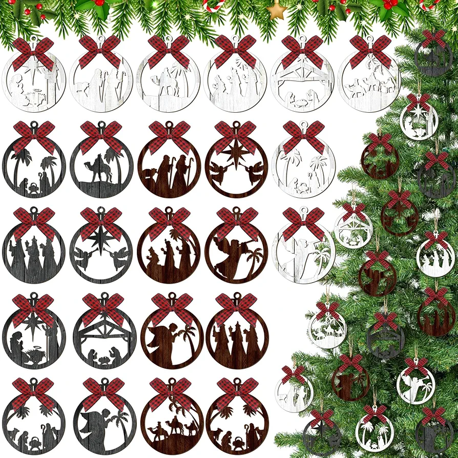 Soaoo 36 Pcs Nativity Scene Christmas Tree Ornament Wood Tree Decorations Vintage Christmas Nativity Ornaments Decorative Christian Hanging Ornaments Christmas Festival Hanging Crafts(Modern)