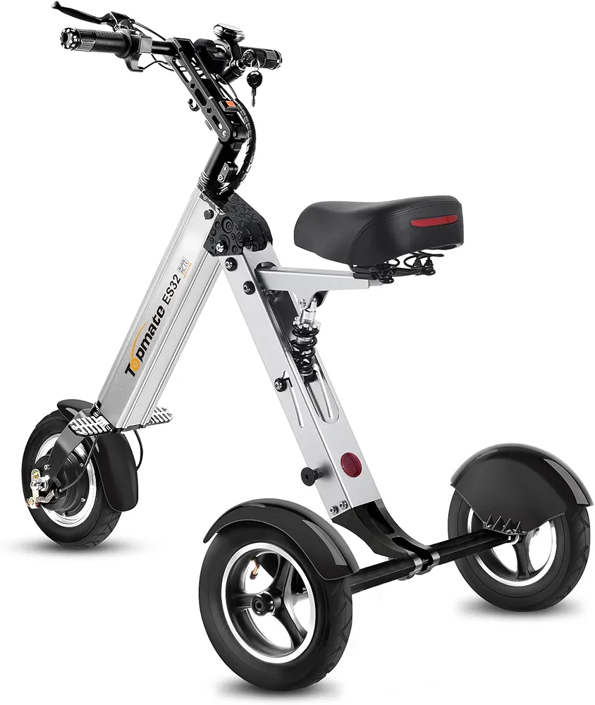 TopMate ES32 Electric Scooter 3 Wheels Foldable Trike with Seat for Adults, Light Weight with Reverse Function and Key Switch, 10 Inch Pneumatic Tires Tricycle for Commute and Travel