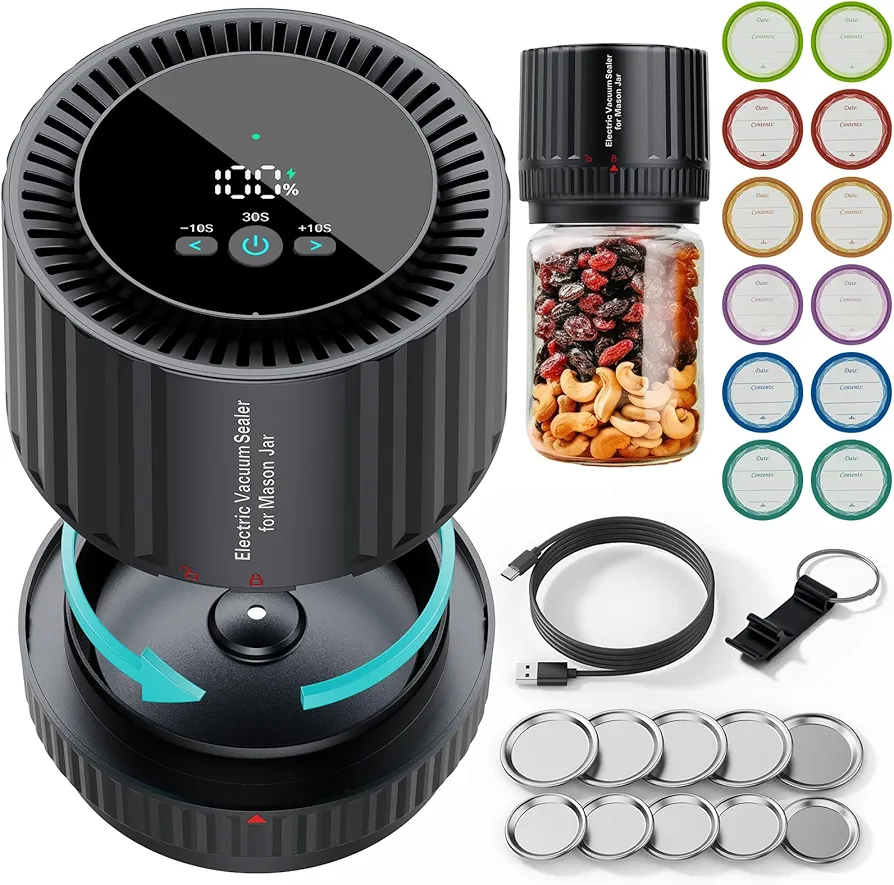 2024 Latest Updated Electric Mason Jar Vacuum Sealer Kit, Firm Sealing & Anti-Slip, Bonus Lips & Labels*12, One Button Start Easy to Operate, for Wide Mouth or Regular Mouth of Mason Jars